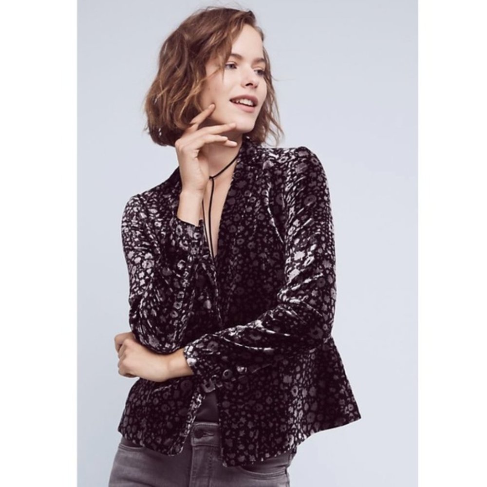 Anthropologie Elevenses Lumi Velvet Floral Blazer Jacket